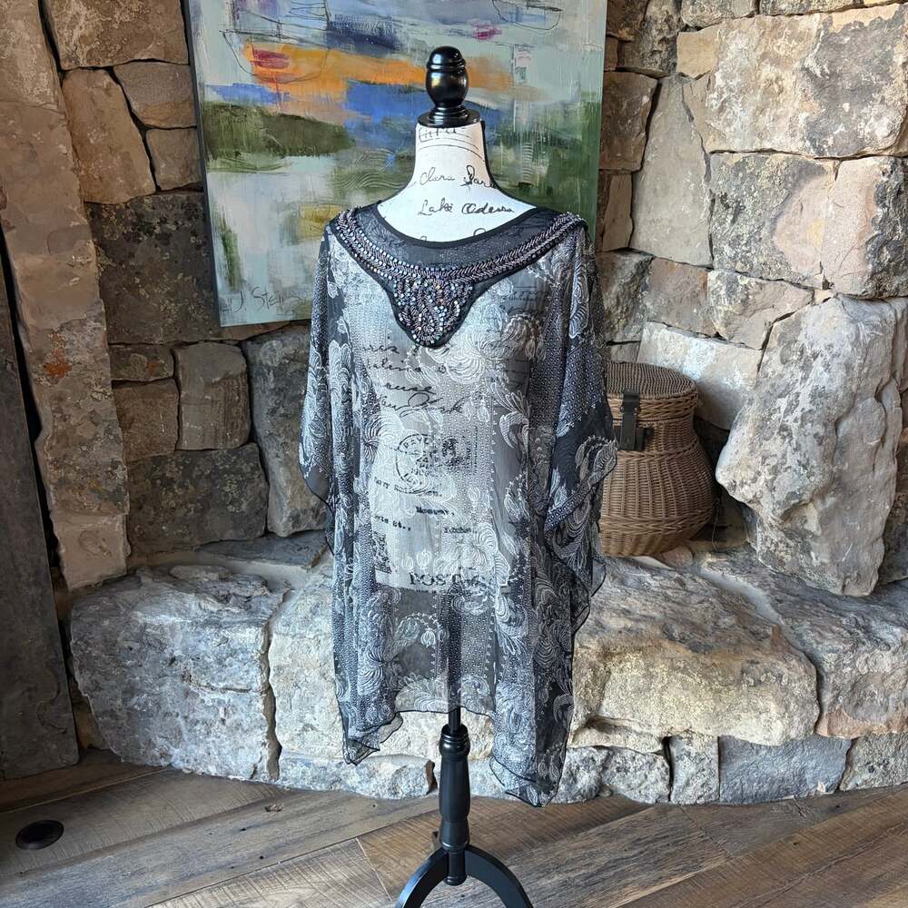 Soft Surroundings L/XL Sheer Beaded Floral Shawl Poncho Black Gray Boho